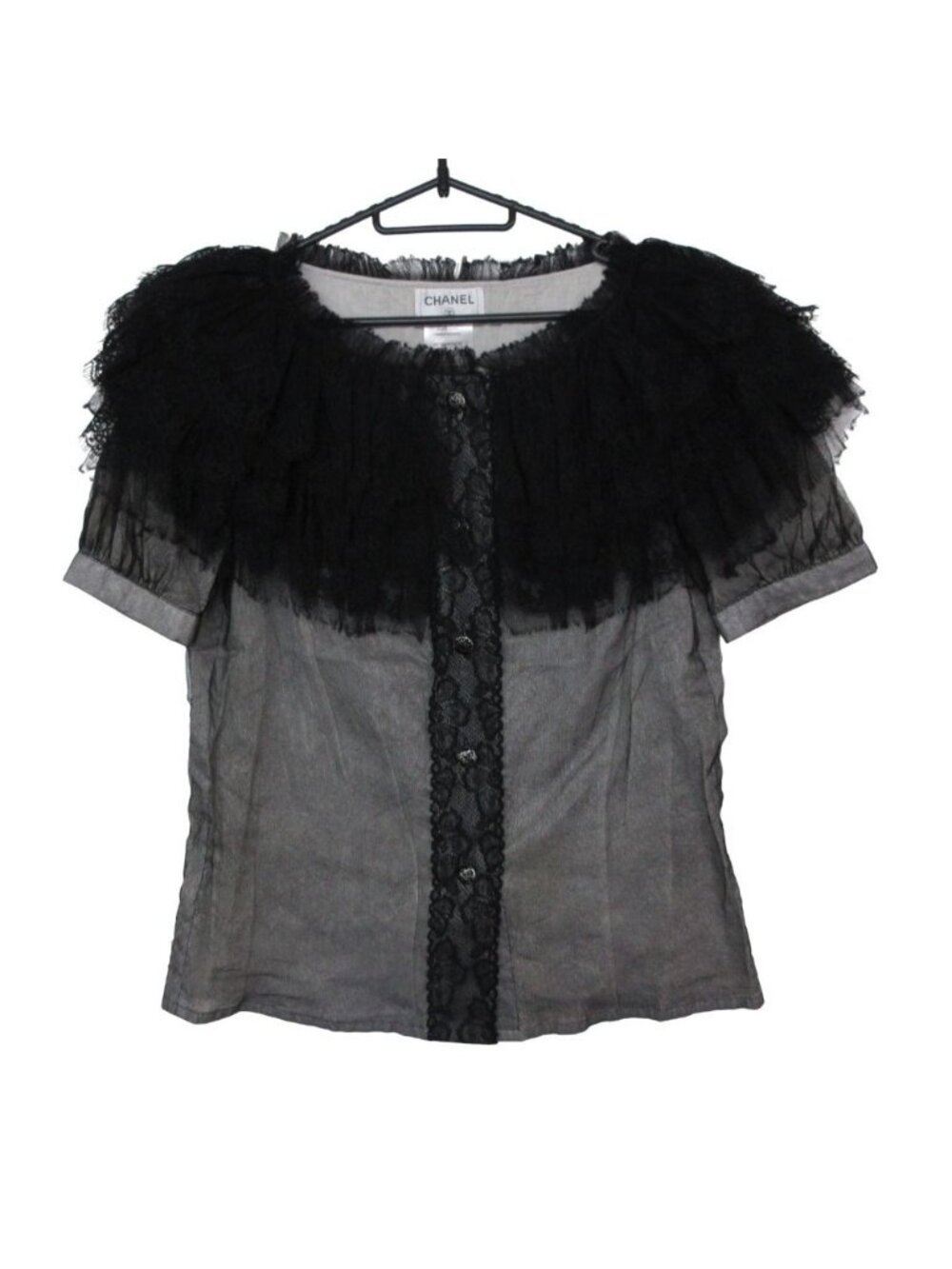 Chanel Blouse Chiffon Quilted Frill Sheer Top Short Sleeve Black